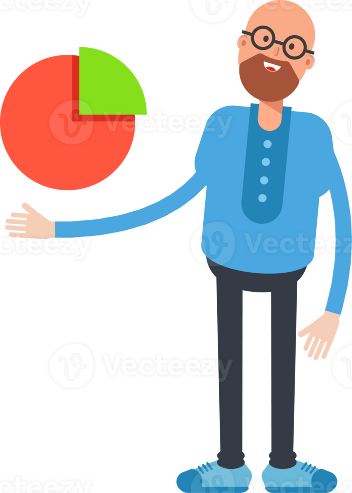 Bald and Beard Man Character Holding Pie Chart png