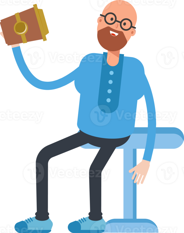Bald and Beard Man Character Sitting and Drinking Coffee png