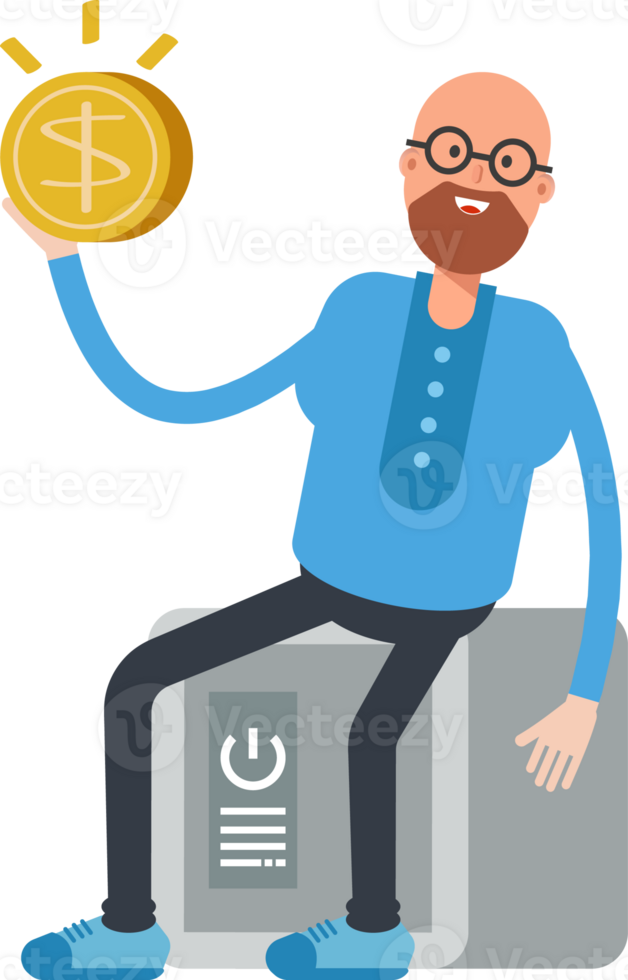 Bald and Beard Man Character Sitting on Safe and Holding Dollar Coin png