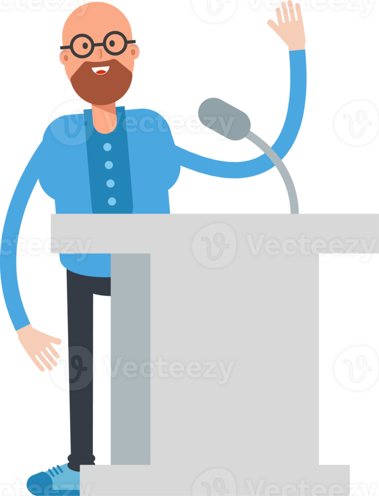 Bald and Beard Man Character Speaking on Podium png