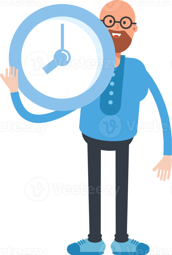 Bald and Beard Man Character Holding Blue Clock png