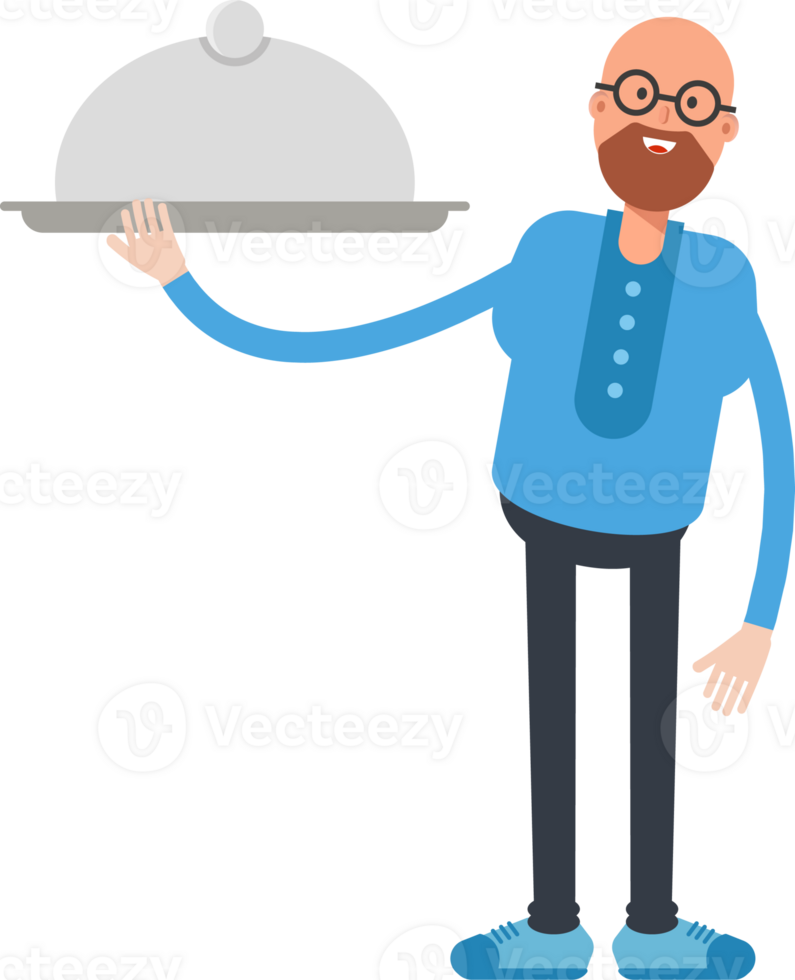 Bald and Beard Man Character Holding Food Dish png