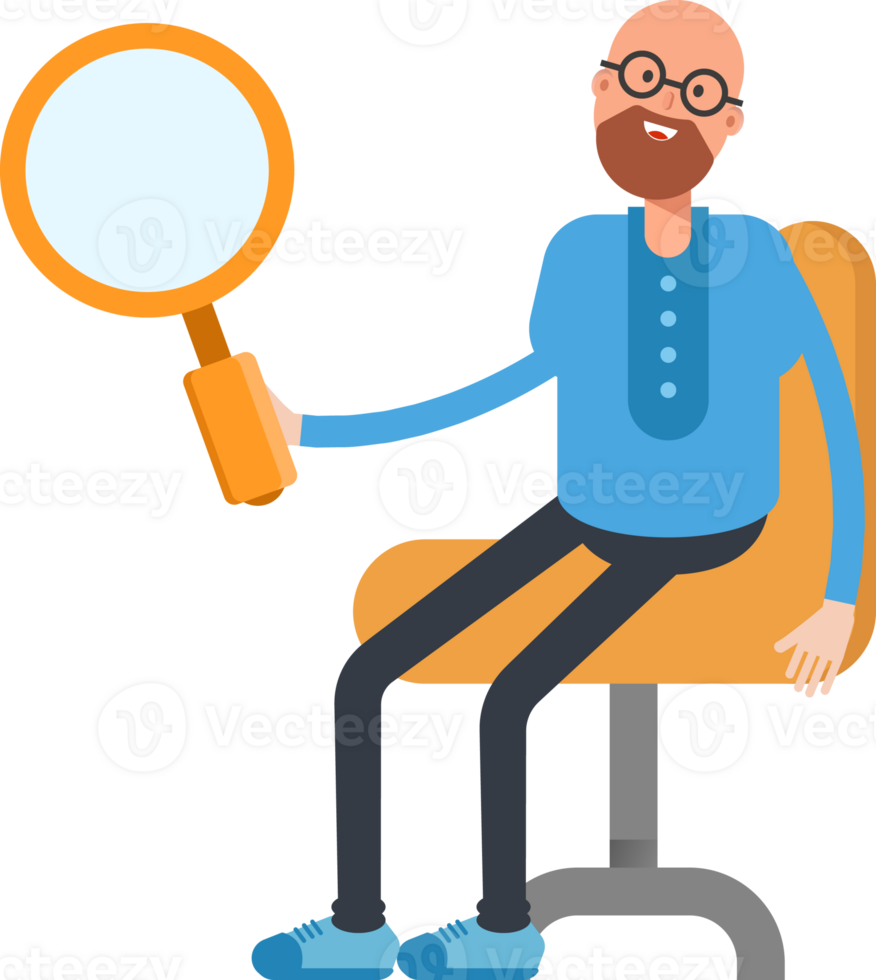 Bald and Beard Man Character Sitting and Holding Magnifier png