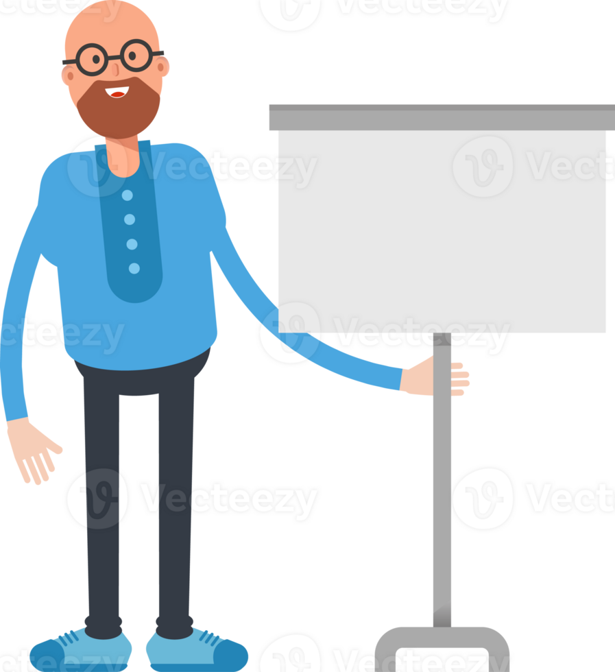 Bald and Beard Man Character Presenting Whiteboard png