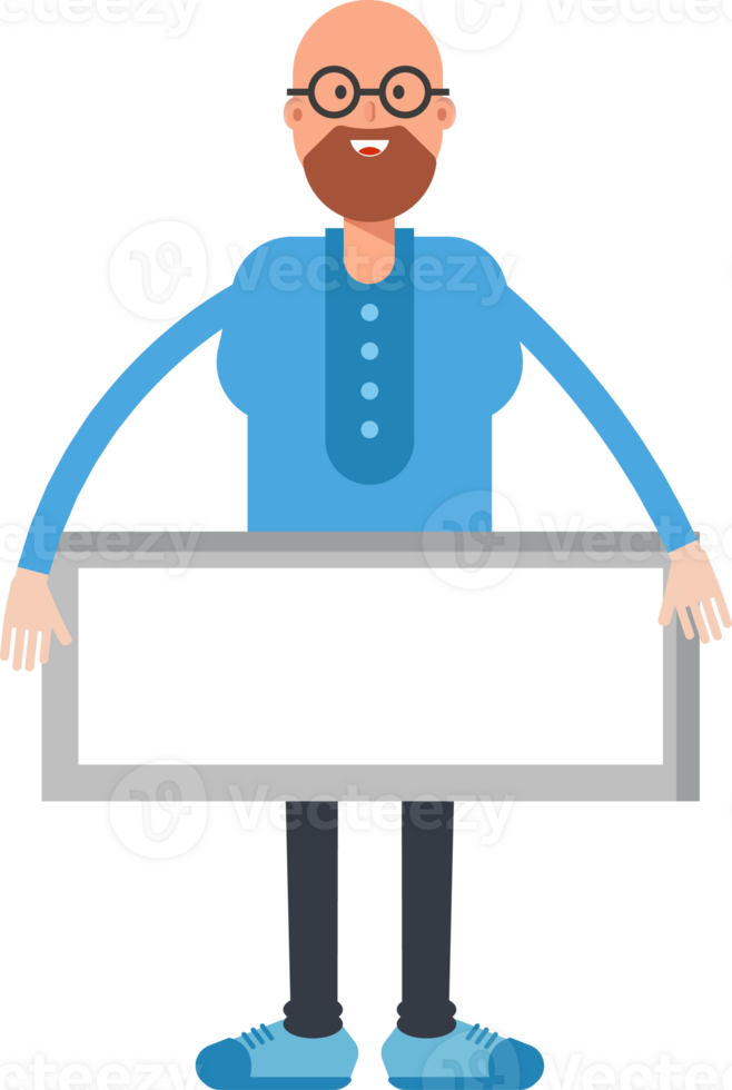 Bald and Beard Man Character and Blank Signage png