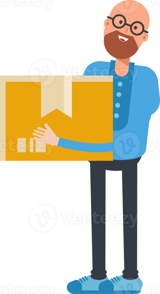 Bald and Beard Man Character Holding Box png