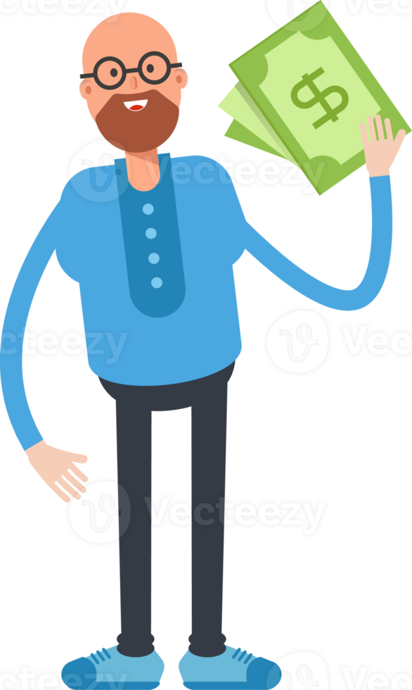 Bald and Beard Man Character Holding Dollar Banknotes png