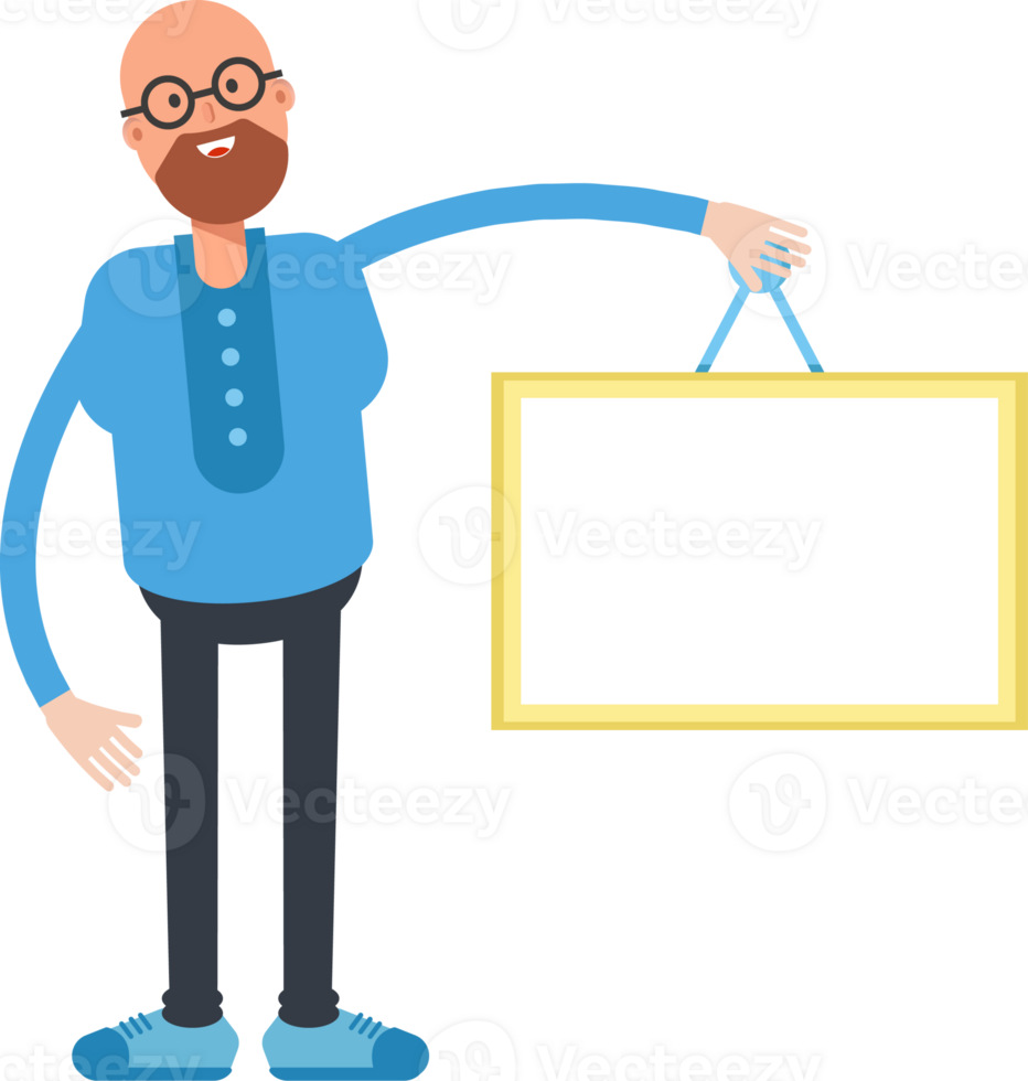 Bald and Beard Man Character Holding Blank Signage png