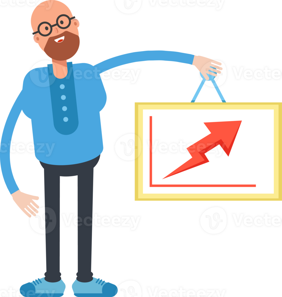 Bald and Beard Man Character Holding Arrow Chart png