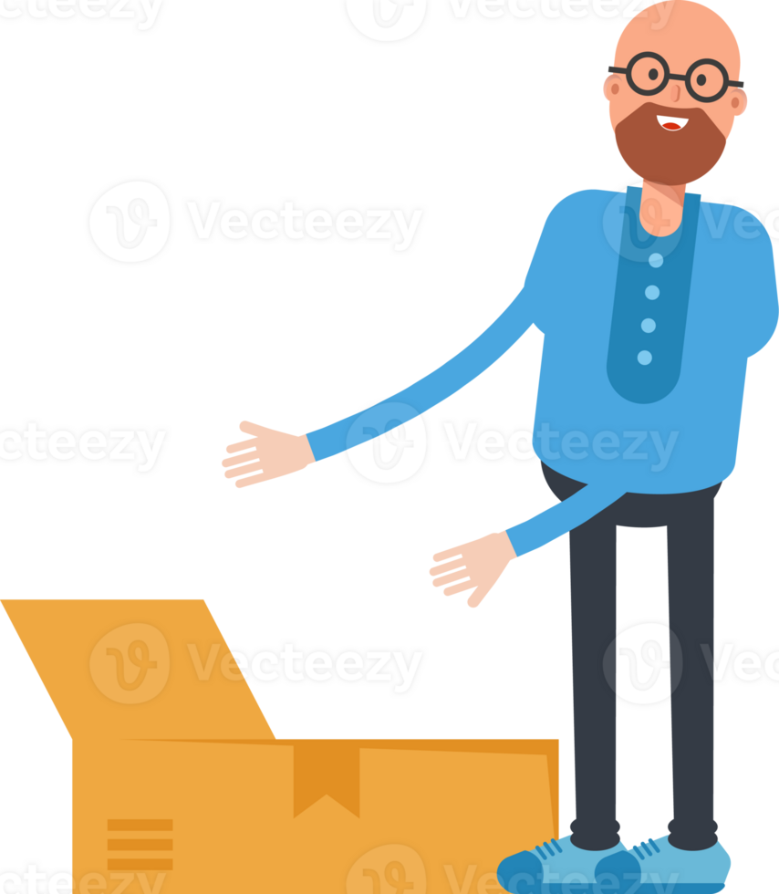 Bald and Beard Man Character Opening Box png