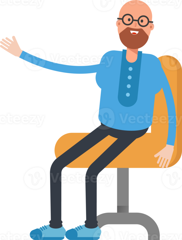 Bald and Beard Man Character Sitting on Office Chair png