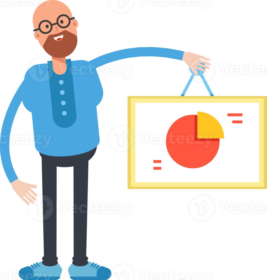 Bald and Beard Man Character Holding Pie Chart Signage png