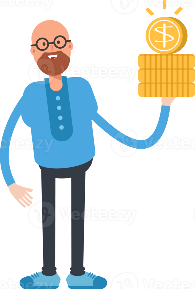 Bald and Beard Man Character Holding Dollar Coins png
