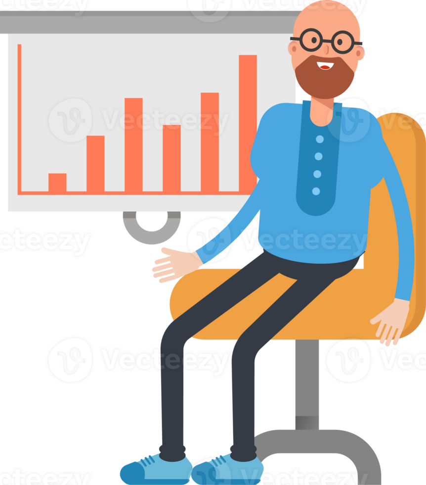Bald and Beard Man Character Presenting Bar Chart png