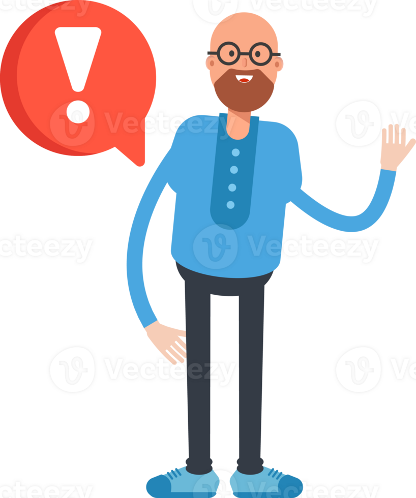 Bald and Beard Man Character and Error Sign png