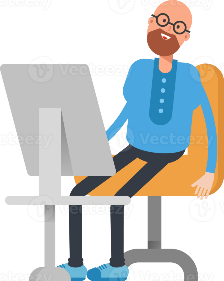 Bald and Beard Man Character Working on Desktop png