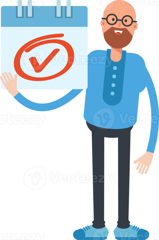 Bald and Beard Man Character and Check Mark Sign png