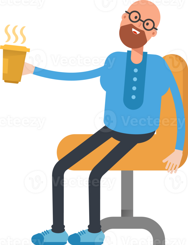 Bald and Beard Man Character Drinking Hot Coffee png