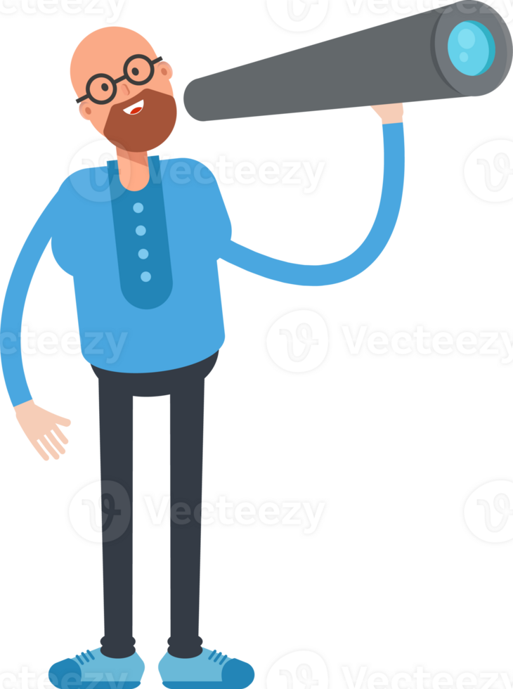Bald and Beard Man Character Using Binoculars png
