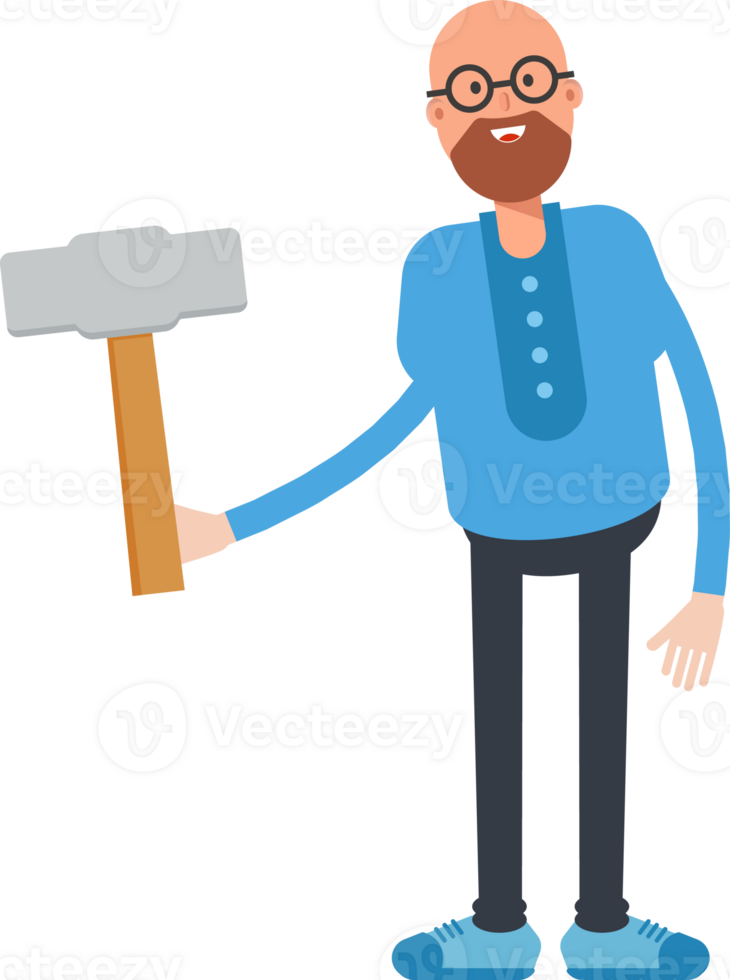 Bald and Beard Man Character Holding Hammer Tool png
