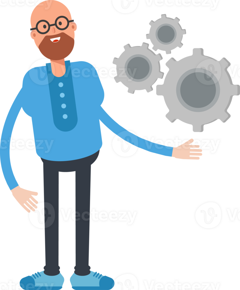Bald and Beard Man Character Holding Gears png