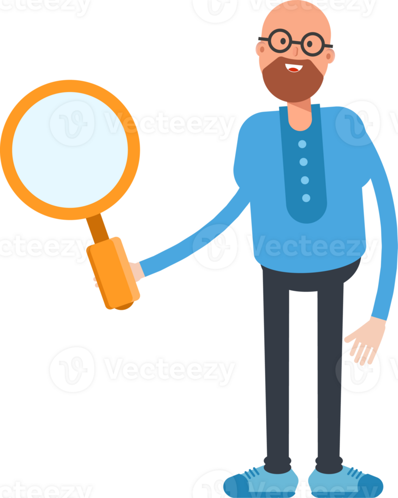 Bald and Beard Man Character Holding Magnifier png