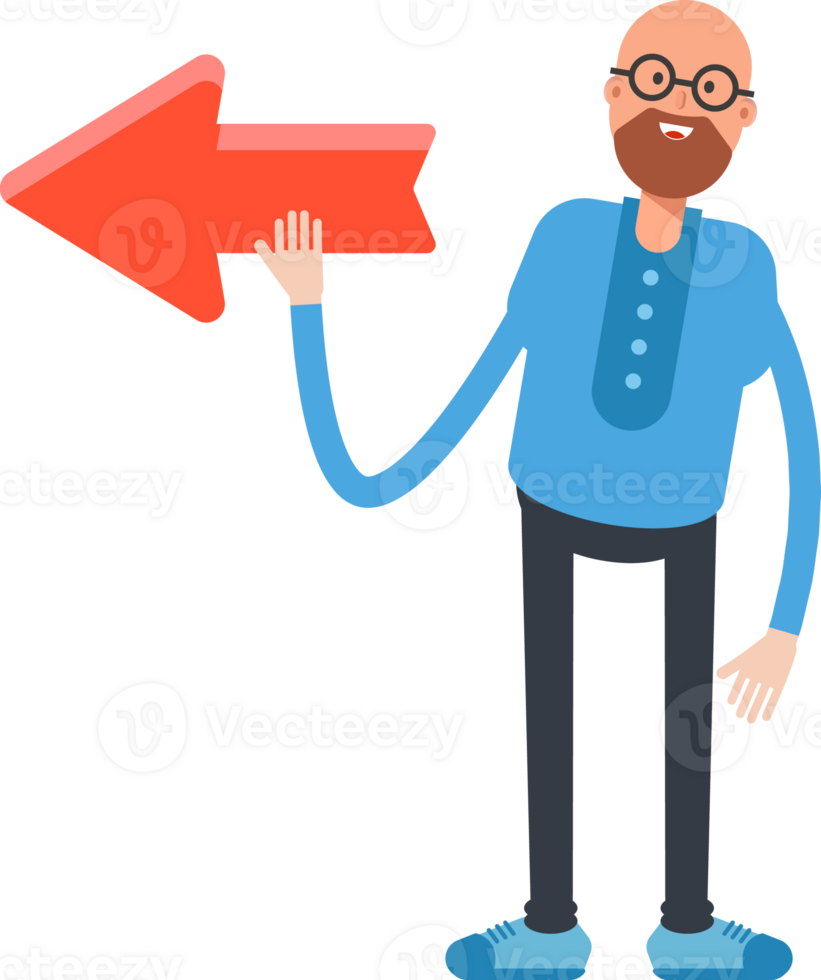 Bald and Beard Man Character and Arrow Sign png