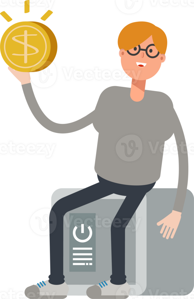 Brown Hair Male Character Sitting on Safe and Holding Dollar Coin png