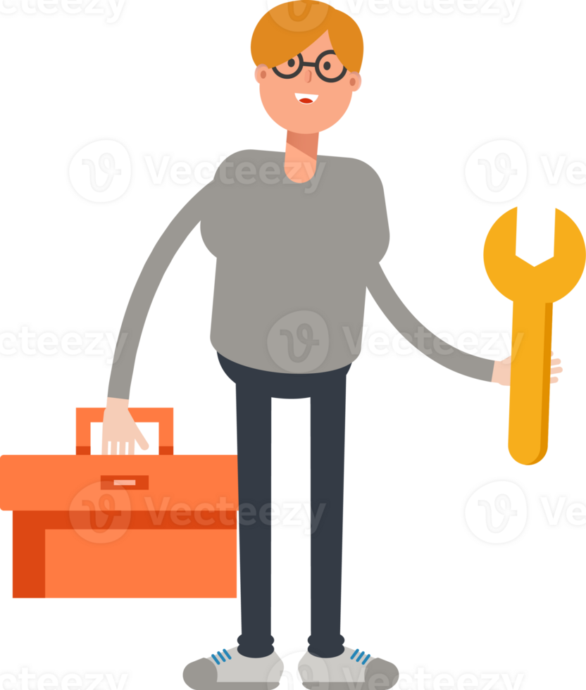 Brown Hair Male Character Holding Toolbox and Wrench png