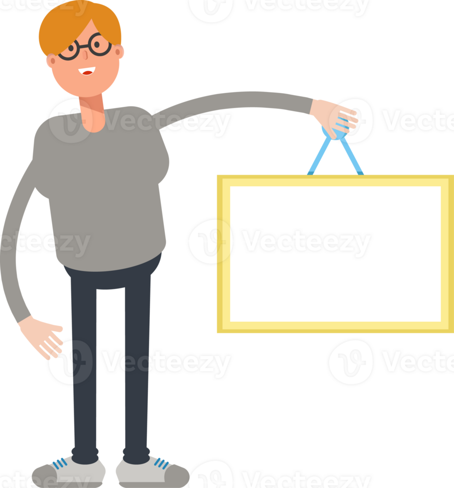 Brown Hair Male Character Holding Blank Signage png