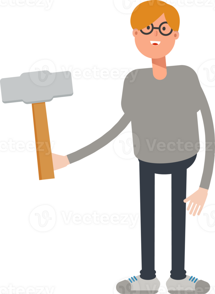 Brown Hair Male Character Holding Hammer Tool png