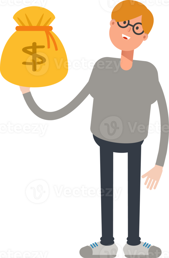 Brown Hair Male Character Holding Dollar Sack png