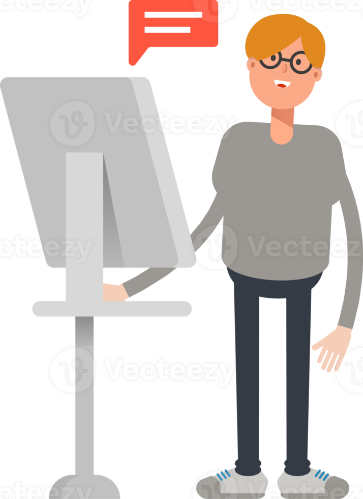 Brown Hair Male Character Working on Computer png