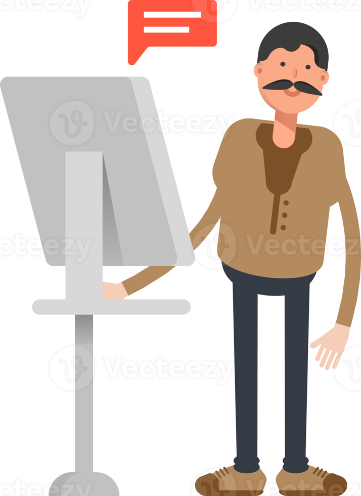 Old Man in Brown Shirt Character Working on Computer png