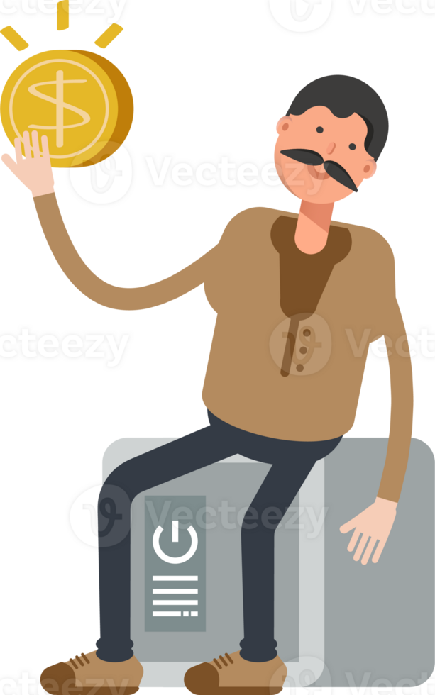 Old Man in Brown Shirt Character Sitting on Safe and Holding Dollar Coin png