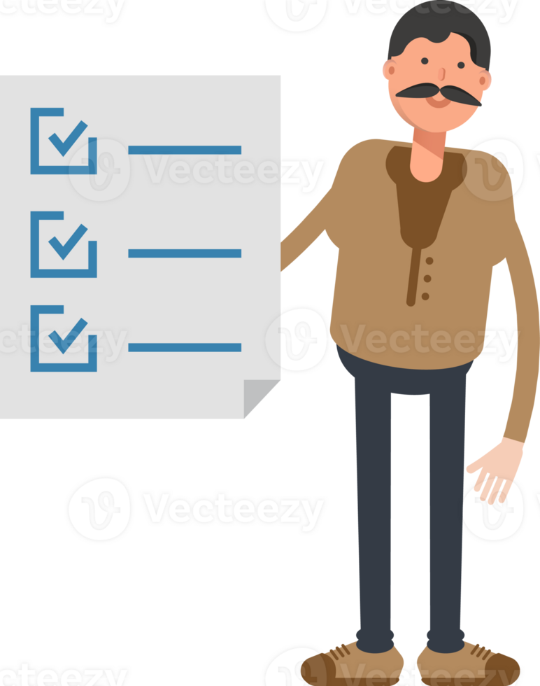 Old Man in Brown Shirt Character and Check List Document png