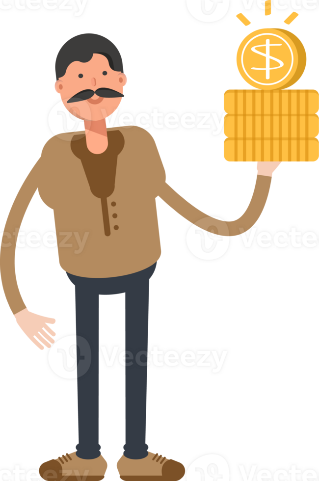 Old Man in Brown Shirt Character Holding Dollar Coins png