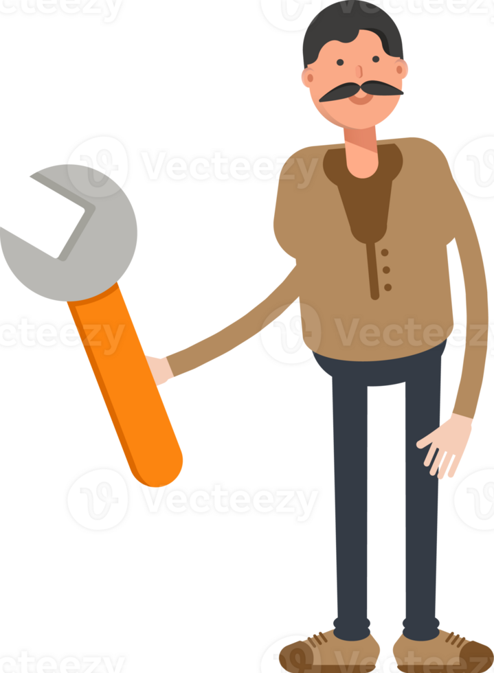 Old Man in Brown Shirt Character Holding Wrench Tool png
