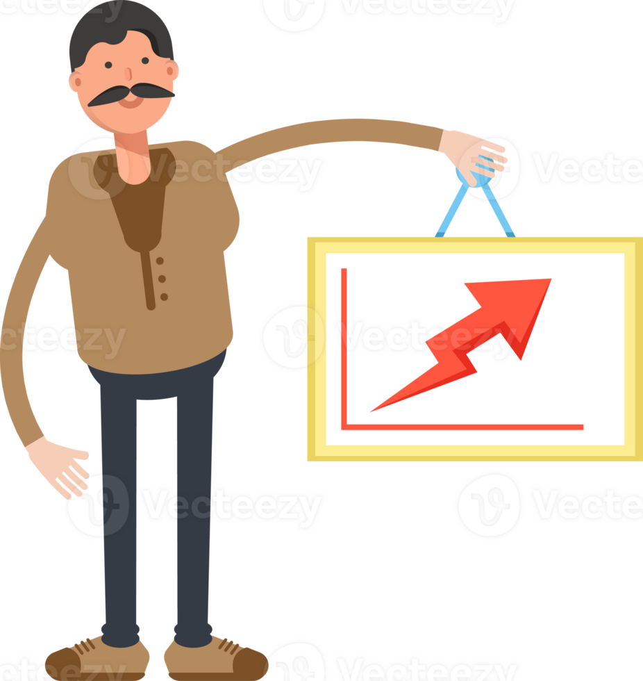 Old Man in Brown Shirt Character Holding Arrow Chart png