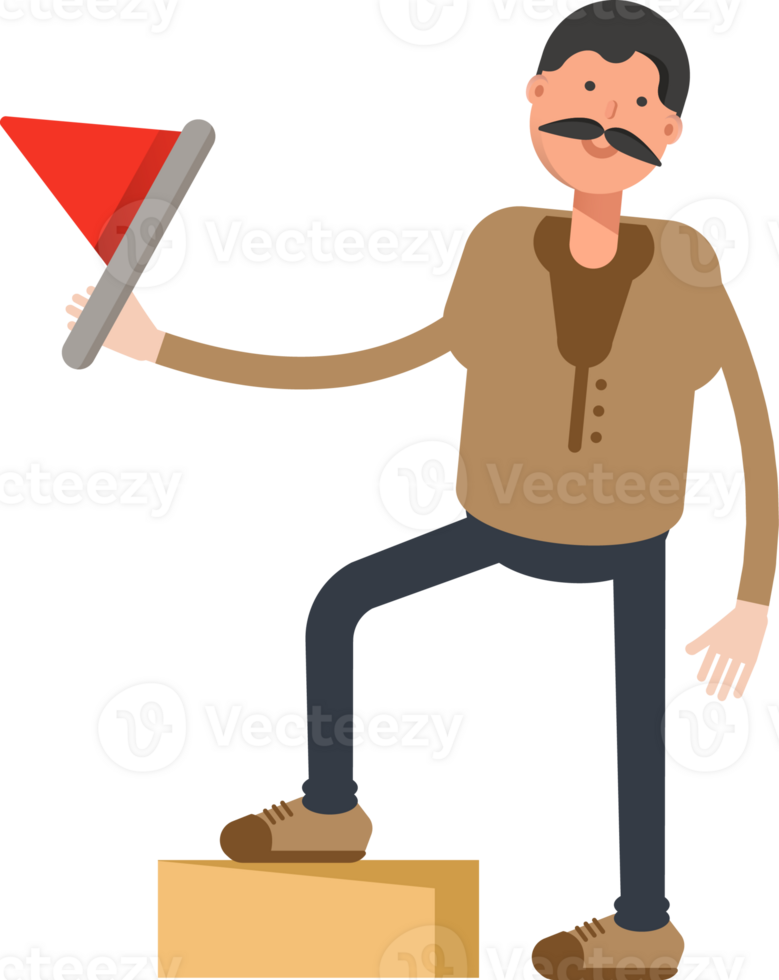 Old Man in Brown Shirt Character Holding Flag png
