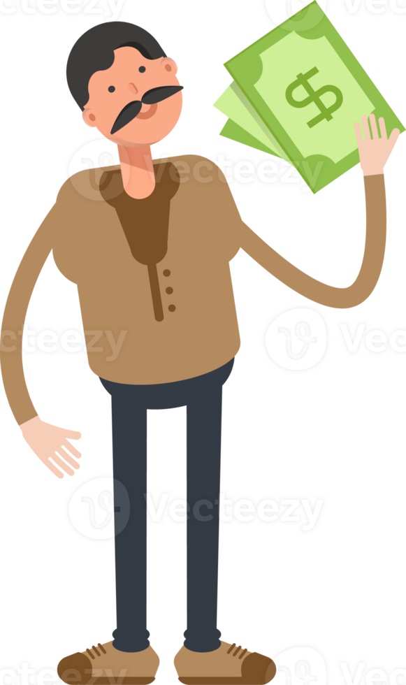 Old Man in Brown Shirt Character Holding Dollar Banknotes png