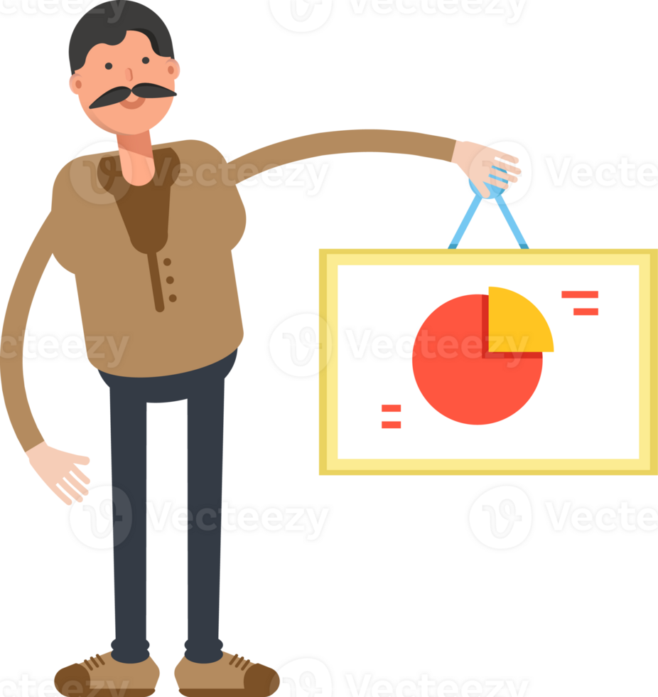 Old Man in Brown Shirt Character Holding Pie Chart Signage png