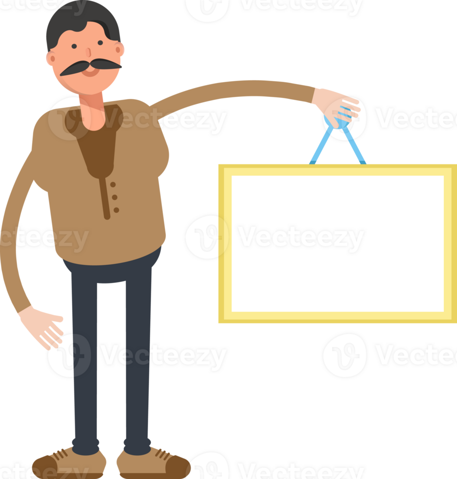 Old Man in Brown Shirt Character Holding Blank Signage png