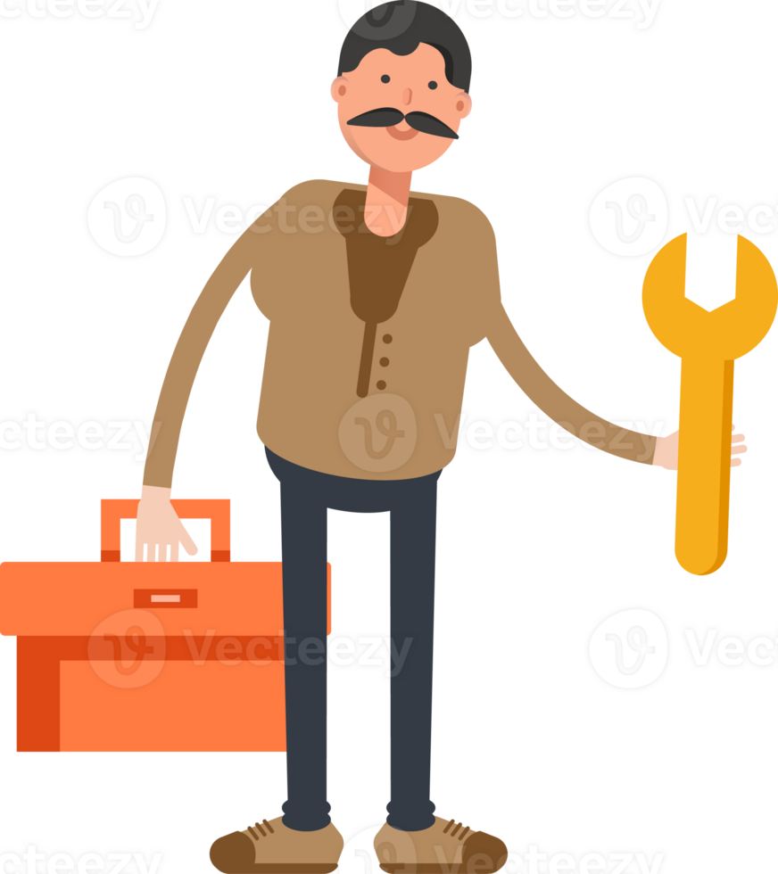 Old Man in Brown Shirt Character Holding Toolbox and Wrench png
