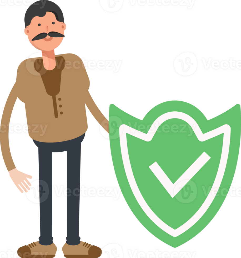 Old Man in Brown Shirt Character and Check Mark Shield png