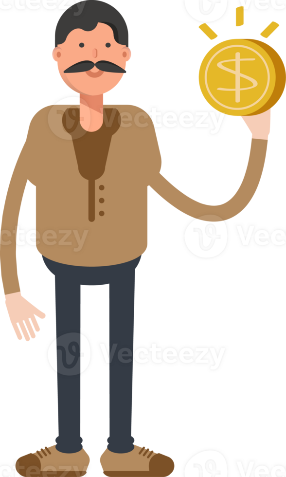 Old Man in Brown Shirt Character Holding Dollar Coin png