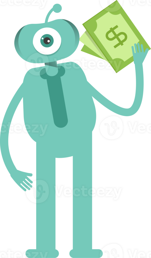 One Eye Monster Character Holding Dollar Banknotes png