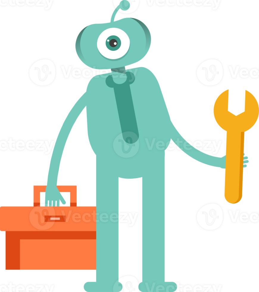 One Eye Monster Character Holding Toolbox and Wrench png