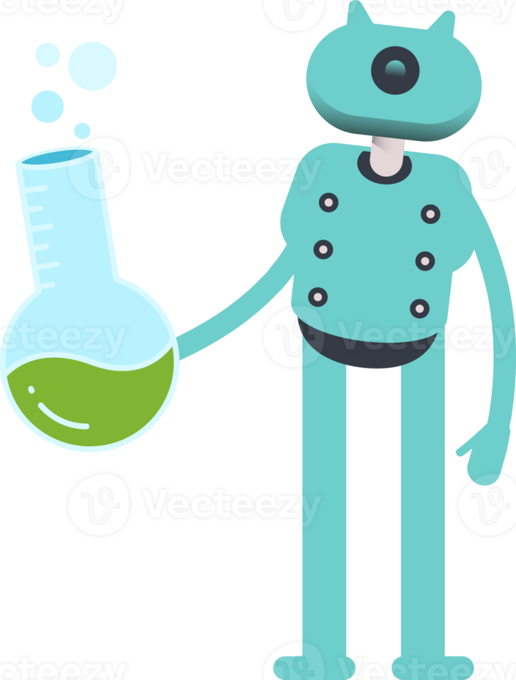 Cute Humanoid Robot Character Holding Lab Flask png