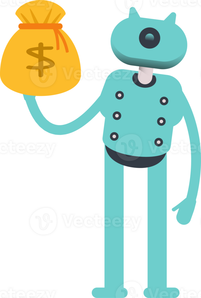 Cute Humanoid Robot Character Holding Dollar Sack png